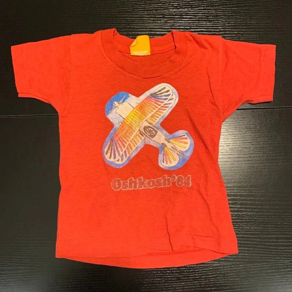 Vintage Oshkosh Bgosh Kids T-Shirt Red Biplane EAA Air Show Single Stitch